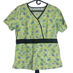 Women's Medium Scrub Top Liana Uniforms Green V-neck with Butterflies